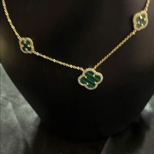 Gold Plated & Green Malachite Clover Necklace with CZ Pave Surround NEW